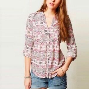 Anthropologie Maeve Pink Islet Geometric Patterned Button Up Top